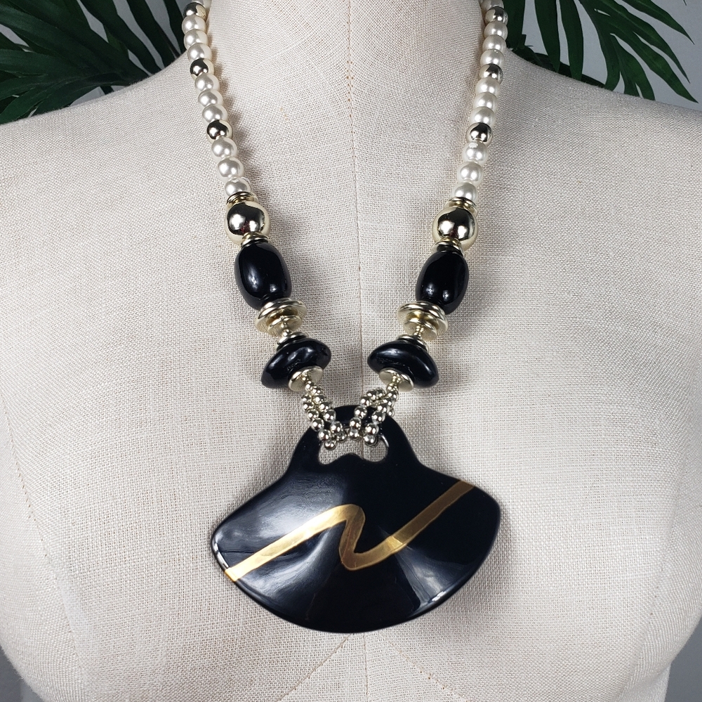 Large Black Ceramic w/ Gold Statement Necklace - Art Deco Vintage Retro Festival